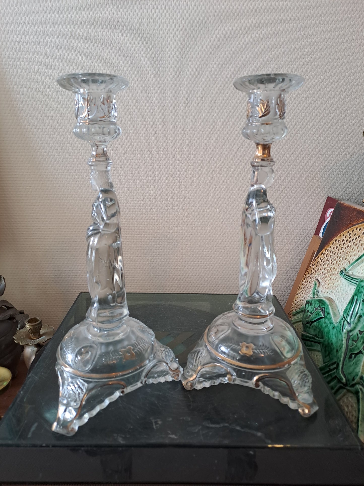 Paire de bougeoirs Sacré-Cœurs De Jésus Et Sainte Vierge Marie. Val saint lambert.