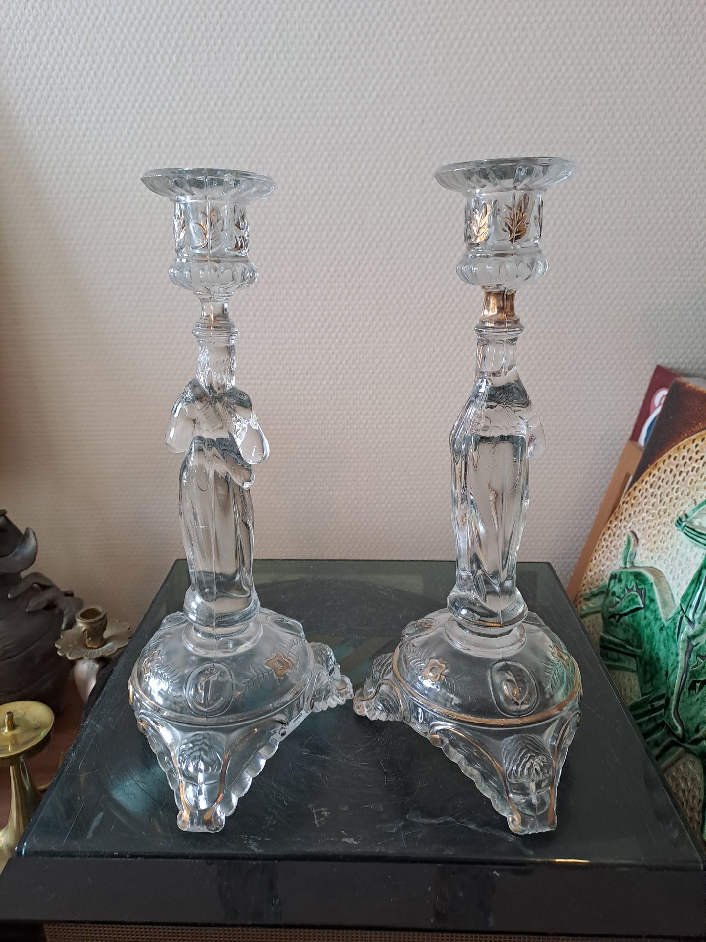 Paire de bougeoirs Sacré-Cœurs De Jésus Et Sainte Vierge Marie. Val saint lambert.