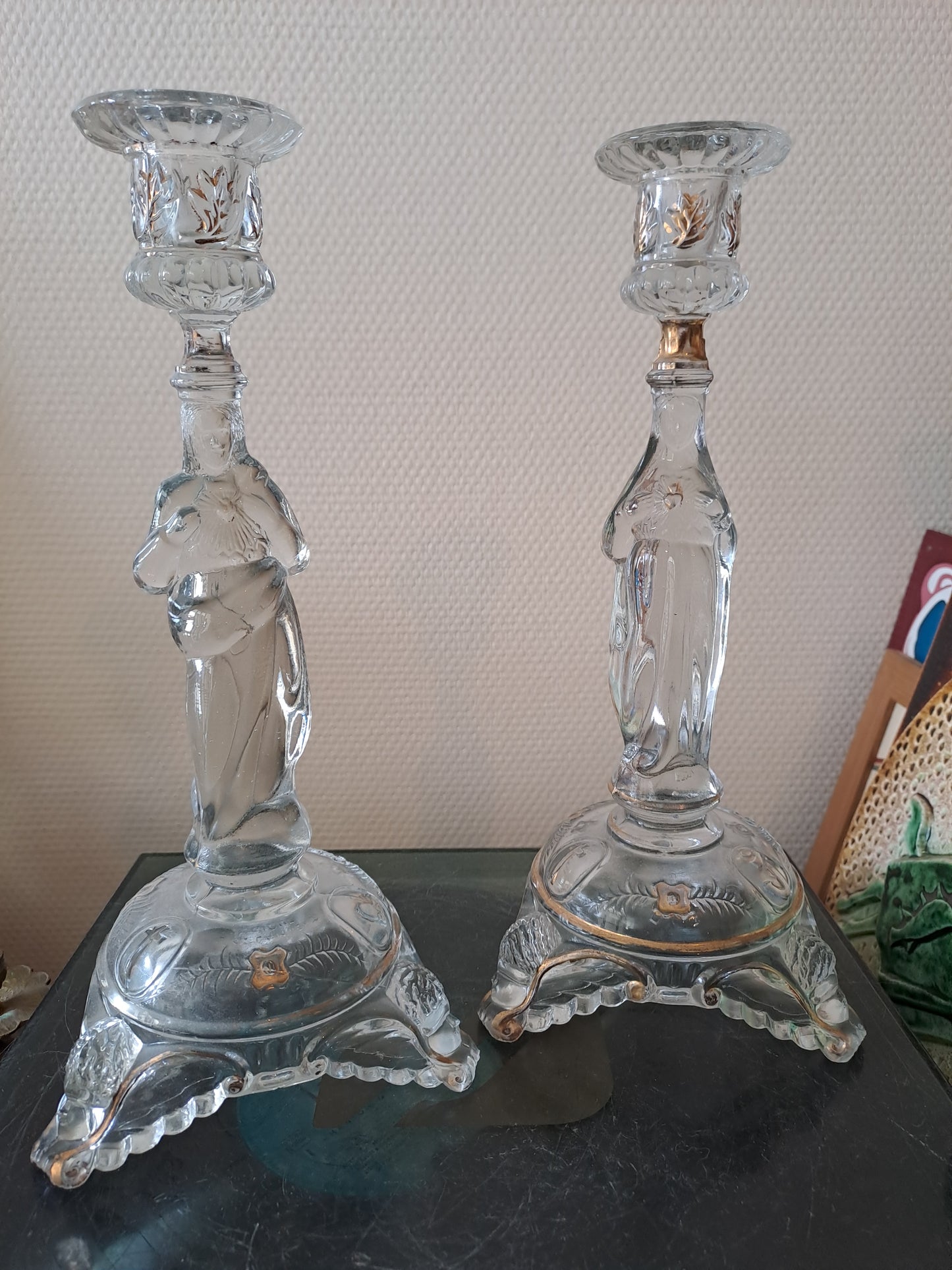 Paire de bougeoirs Sacré-Cœurs De Jésus Et Sainte Vierge Marie. Val saint lambert.