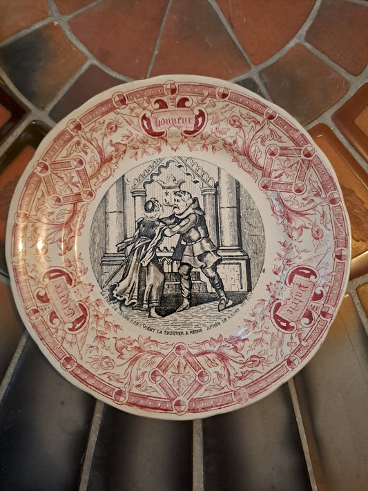 Assiette décorative. Sarreguemines. Le père de Jeanne D'arc vient la trouver à Reims après le sacre.